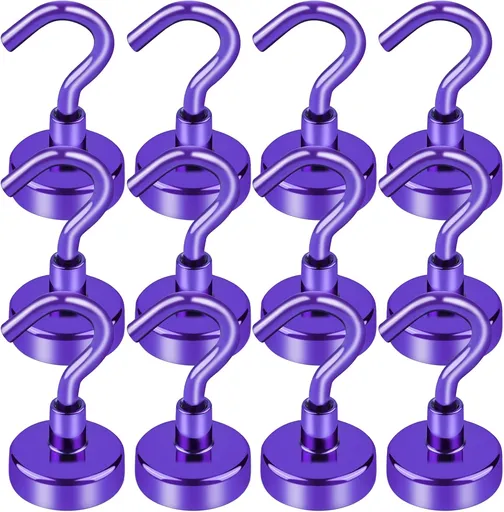 Cruise Essentials, 28lbs Magnetic Hooks for Cabins, Purple Magnets Door, Strong Hanging, Refrigerator, Celling, Grill - 12 Pack