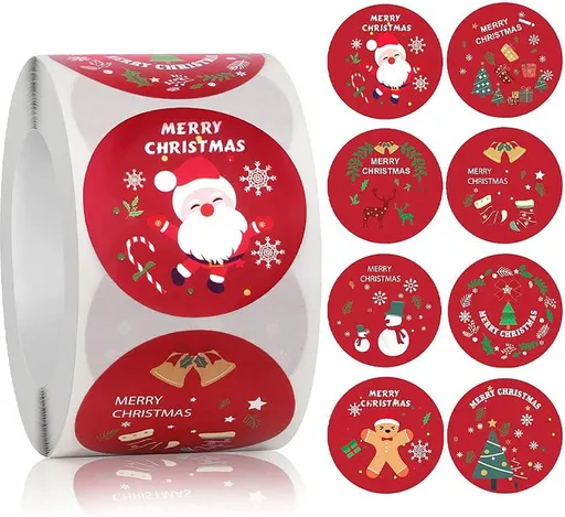 500 Piece Round Merry Christmas Sticker Set, 8 Patterns, 1.5 inch