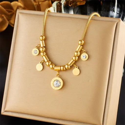 Roman-Style Diamond-Studded Round Bead Necklace, Gold-Plated Titanium Steel Collar Necklace, Unique Vintage Jewelry for Women