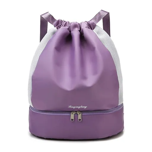 Drawstring Sports Backpack with Shoe Compartment Wet Pocket Gym Swimming Bag - Purple