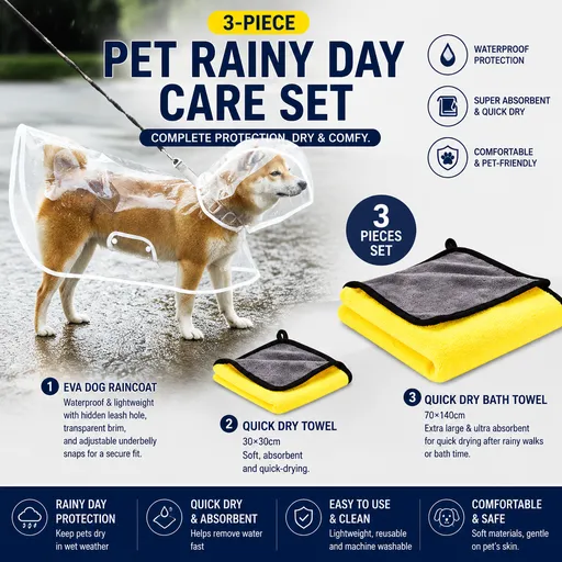 3 Piece Rainy Day Pet Care Set - 8XL Size Waterproof Dog Hooded EVA Transparent Raincoat with Full-Coverage Poncho Design Adjustable Snaps and Leash Access, Free High Absorbency Quick Dry 30 × 30cm Towel and 140 × 70cm Large Bath Towel for Small Medi