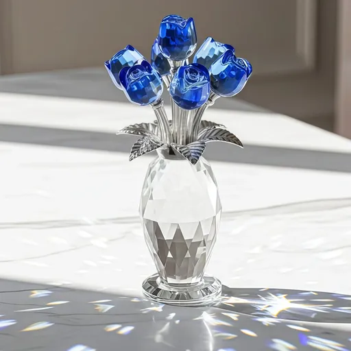 Crystal Blue Rose Flower Figurine with Faceted Vase, Decorative Crystal Rose Bouquet with Metal Stems and Leaves, Elegant Tabletop Ornament for Home Office Shelf Decor Present