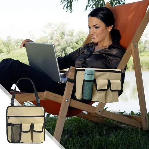 Hanging Chair Organizer Bag | 5-Pocket Armrest Storage Pouch | 13x13 Inch | 600D Cloth | for Camping, Beach & Outdoor Chairs | Green/Black/Khaki