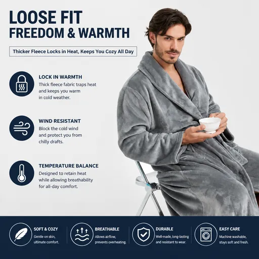 Men's Flannel Bathrobe Grey XXL Size - Soft Coral Fleece Hooded Kimono Collar Dressing Gown Loose Fit Warm Comfortable Loungewear Home Spa Easy Care Machine Washable