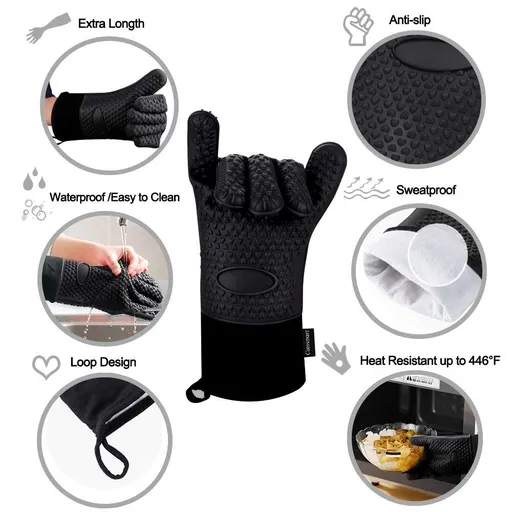 BBQ Gloves, Heat Resistant Silicone Grilling Gloves, Long Waterproof BBQ Kitchen Oven Mitts with Inner Cotton Layer (Black)