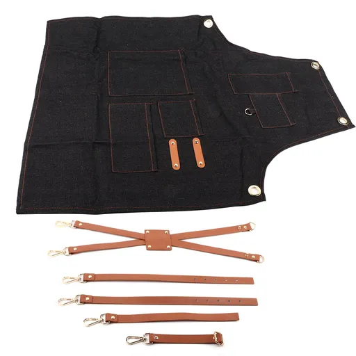 Denim Bib Apron Leather Strap Baker Bartender BBQ Chef Work Cook Uniform A