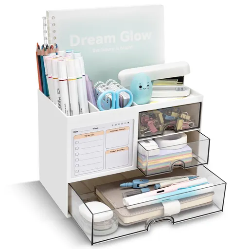 1 Piece Desktop Organiser with Pen Compartments and Bottom Drawer for Stationery, Cosmetics and Tidy Home Office Storage, White