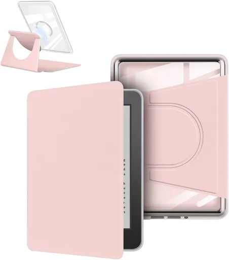 360° Rotating & Detachable Magnetic Case for 7" Kindle Paperwhite 12th Generation (2024) – Auto Wake/Sleep, Hands-Free Stand, Clear Back Cover(pink)