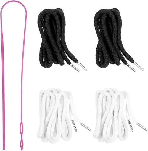 4Pcs Drawstring Cords with 1 Threader Tool, 51 Inch Replacement Drawstring for Sweatpants Jackets Swim Trunks Pants Shorts Hoodies (2 Black, 2 White, 51 inches)