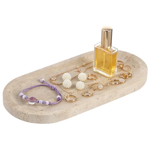 Marble Tray, Oval Travertine Decorative Organizer for Perfume Candles Jewelry, 9.8" x 4.7" Polished Stone Storage with Non-Slip Base, Ideal for Bathroom, Vanity Dresser, Kitchen Counter