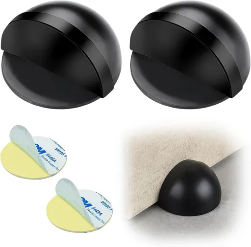 Drill-Free Floor Mounted Door Stoppers 3M Adhesive Self Adhesive Door Stoppers with Black Rubber Bumper Tips Floor Mount Half Dome Door Stopper for Office Bedroom Living Room Shower Room (Black-2Pcs)