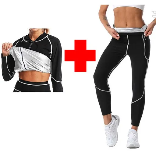3XL Size Black and Silver Women's Workout Sauna Sweat Suit Set: Long Sleeve & Leggings - High Elasticity Compression Shapewear for Weight Loss & Yoga