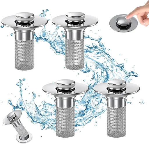 Bathroom Sink Drain Stopper - Pop Up Drain Plug with 4 Replacement Filters Basket, Removable Stainless Steel Floor Drain Filter, Anti Clogging Sink Strainer Hair Catcher for Washroom (Silver)
