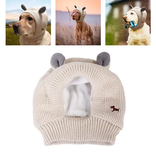 Quiet Ears for Dogs,Winter Pet Knitted Hat,Dog Ear Cover Dog Head Wrap Bunny Costume for Medium to Large Dogs Cats Pets(Beige)