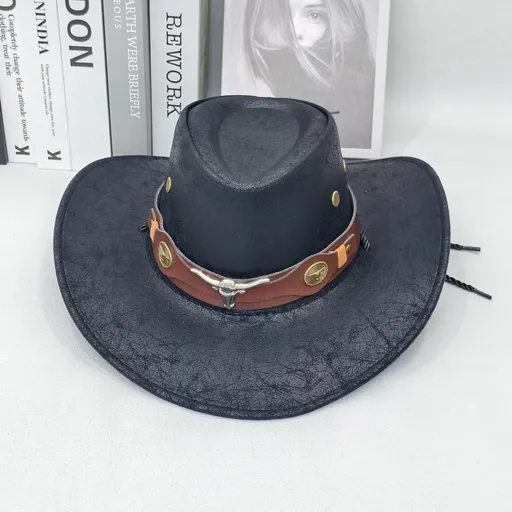 Rustic Western Cowboy Hat - Distressed Faux Leather Look Wide Brim Outback Sun Hat with Bull Head Emblem for Men & Women (Black)