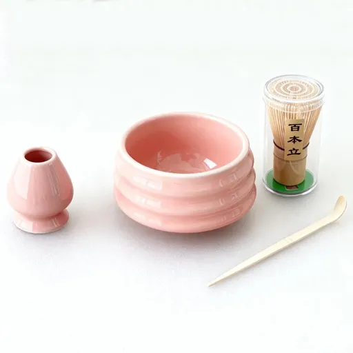 Pink Ceremony 4-Piece Matcha Ceramic Tool Set - Gift Box with Whisk (Chasen), Whisk Holder (Chasen Kuse-Naoshi), Bowl, and Scoop