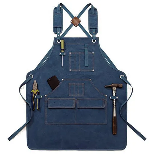 Thick Canvas Tool Apron With Multiple Pockets, Adjustable Work Apron for Woodworking, Gardening, and Auto Repair—Blue