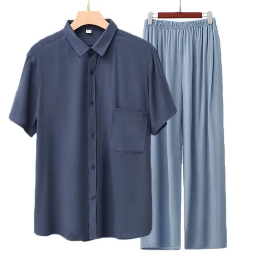Men Rayon Short Sleeve Suit Set Summer Thin Casual Gray blue top + light blue trousers 5XL