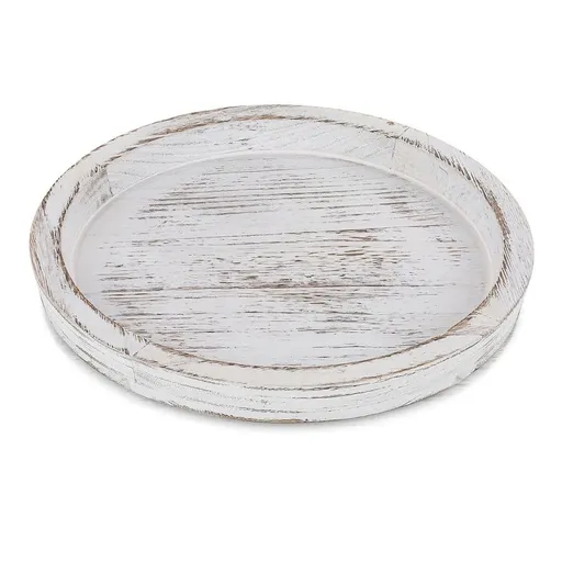 Rustic Wooden Tray Candle Holder - Round Wood Decorative Pillar Candle Tray for Coffee Table Farmhouse Kitchen Countertop Organizer Home Decor Wedding Centerpiece, Distressed White