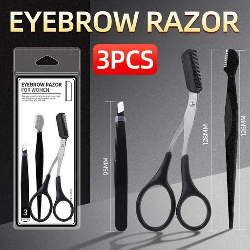 3PCS Eyebrow Razor Set Trimmer Shaver Scissors Spooley Dermaplaning Tweezers