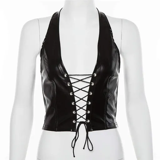 Women's Faux Leather Halter Crop Top Sexy Lace Up Deep V Camisole Gothic Punk Rave Festival Clubwear (Black, Size S)