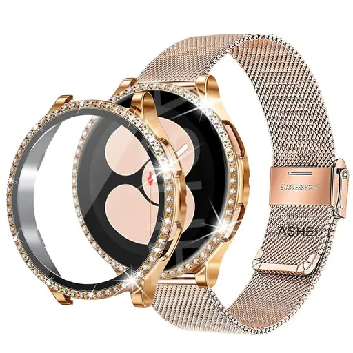 Compatible with Samsung Galaxy Watch 4 5 6 Bracelet Case 40mm 44mm Mesh Loop Stainless Steel Strap Bling Case Gold Set watch6 40mm