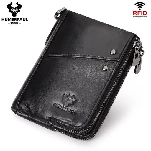 men's genuine leather wallet, RFID blocking wallet, double zipper coin purse, multiple card slots wallet, men's accessory, Australian wallet, leather coin purse, secure wallet men - Black - Size M