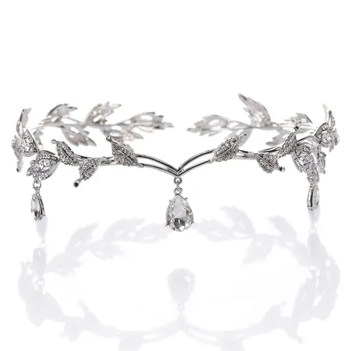 Rhinestone Leaf Wedding Crown Headband for Brides, Crystal Pendent Fairy Tiara Headband for Wedding Prom Birthday