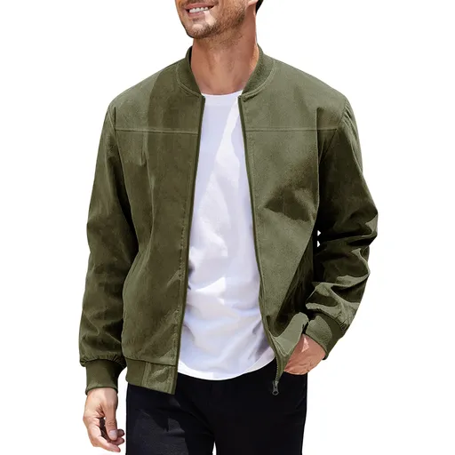Men's Varsity Bomber Flight Jacket Breathable Windbreaker Zip Coat Faux Leather, Green, XL