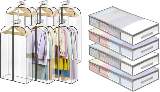 4 Packs Under Bed Storage Containers Bins-55L, 6 Pack Clear Garment Bags-40'' Long -