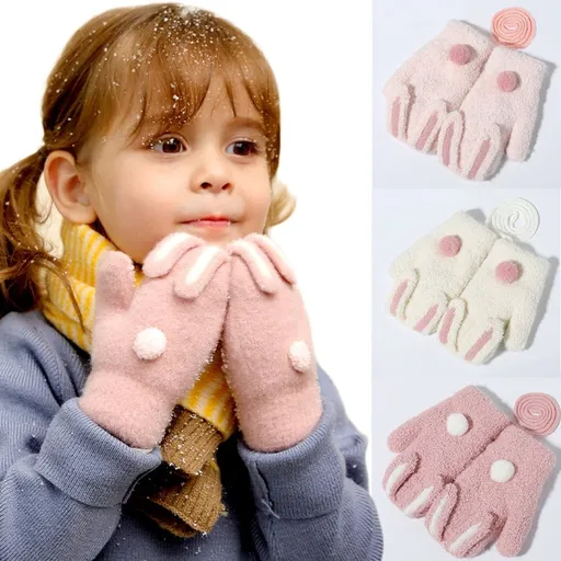 Cute Rabbit Toddler Mittens for Baby Girls Winter Warm Lined Knit Mittens Cartoon Kids Gloves 2-6T