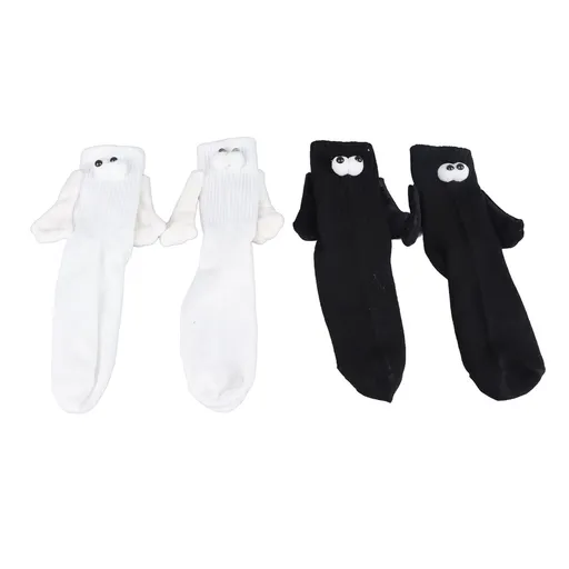 2 Pair Funny Magnetic Suction 3D Doll Couple Socks Funny Holding Hands Socks for Couple Black and White