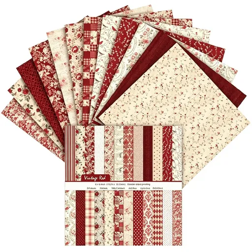 24 Sheets Vintage Red Scrapbook Paper 6X6,Double Sided Decorative Paper for Diy Junk Journal,Floral Pattern Cardstock for Album Decor,Cards Making