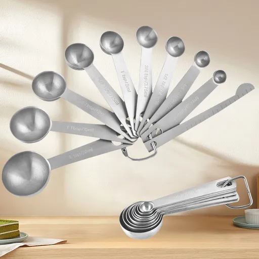 10 Pieces Stainless Steel Measuring Spoon Set with Tablespoon and Teaspoon Measures for Baking, Coffee, Spices and Everyday Cooking, Silver