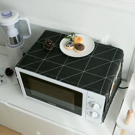 Cotton Linen Microwave Oven Cover Dust Oil Proof Cloth with Storage Pockets Kitchen Toaster Appliance Protector(Black Chessboard)