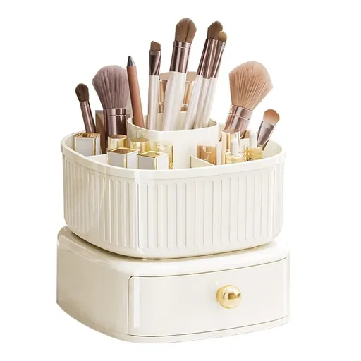 Pen Holder 360 Degree Rotatable with Drawer 5 Slots Office Desk Organizer Milky White