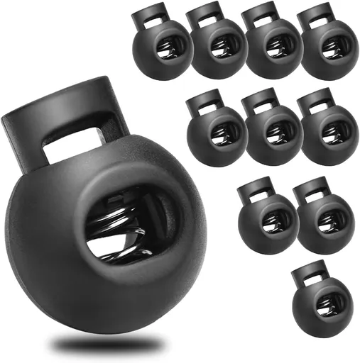 CooBigo 50Pack Single Hole Round Plastic Cord Locks, Spring Toggle Stopper for Drawstring Paracord Elastic Shoeslace Lock Glove Hats Sweatpant Hoodie Backpack String Clip Fastener Replacement