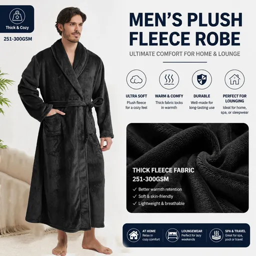 Men's Flannel Bathrobe Black L Size - Soft Coral Fleece Hooded Kimono Collar Dressing Gown Loose Fit Warm Comfortable Loungewear Home Spa Easy Care Machine Washable