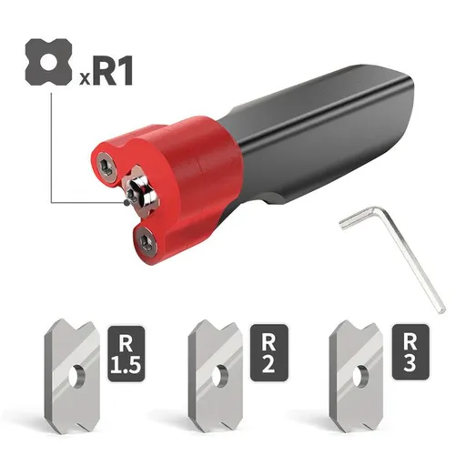 Woodworking Trimming Chamfer Tool with Tungsten Carbide Four-Blade Insert for Edge Banding, Plywood, and Board Edge Chamfering in Furniture Making and DIY Projects (Standard Set (R1.5+R2+R3 Blades))