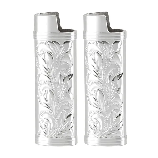 2Pcs Lighter Case Zinc Alloy Lighter Storage Container Floral Pattern for Outdoor Camping Hiking Silver