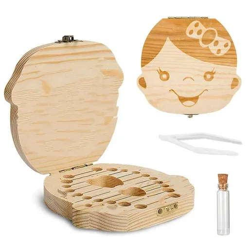 Baby Tooth Box - Wooden Kids Keepsake Organizer Gift for Baby Teeth, Cute Children Tooth Container with Tweezers to Keep -2pcs