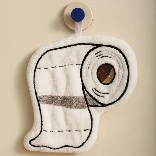 Cute Toilet-Paper Shaped Hanging Hand Towel, Super Absorbent & Quick Drying, Polyester Cloth with Hanging Loop, 8.27×8.27×0.98in for Bathroom Kitchen