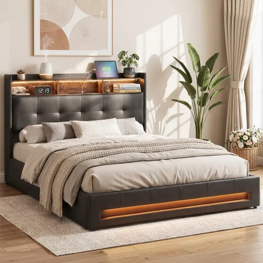 Double Bed Frame Gas Lift Storage USB Charging Station LED Lights Upholstered PU Leather 145W x 208L x 119H cm