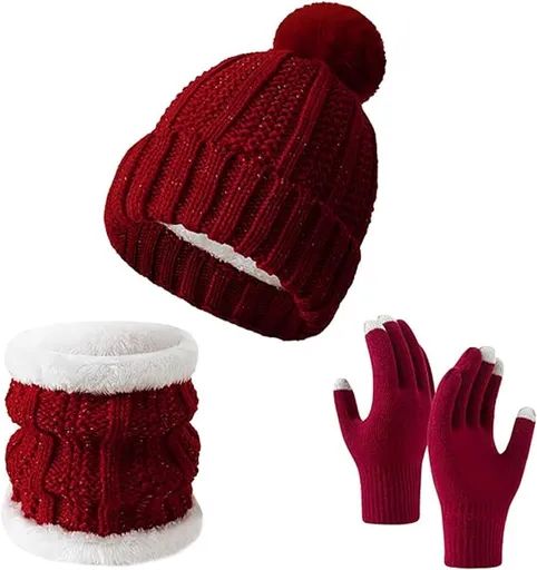 3 Piece Winter Knitwear Set Fleece Lined Warm Gloves Beanie Scarf Claret