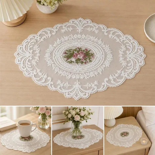 Large Embroidered Mesh Table Mat 32x43cm White, Soft Aesthetic Vintage Desktop Decoration