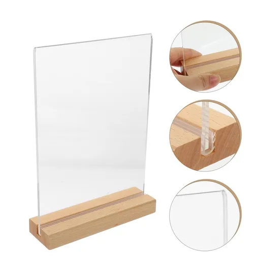 Clear Acrylic Display Stand with Wooden Base, Sign Holder for Retail Counters, Exhibitions, and Displays