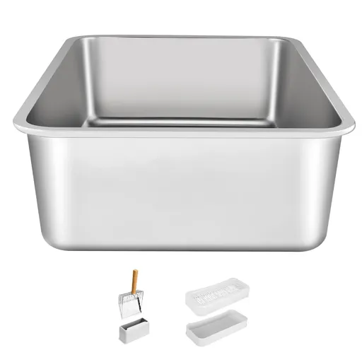 Cat Litter Box, 152 mm Deep, XL Extra Large Stainless Steel Cat Litter Box with Scoop, Wide Filtering Foot Board & High Sides, Enclosed Odor-Free Easy-to-Clean Litter Box, Fit for Big Cats