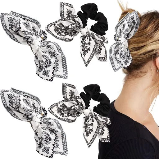 2 PCS Bandana Hair Claw Clip & 2 PCS Bandana Hair Ties Boho Hair Claw Clips Boho Bow Knot Bandana Fabric Hair Jaw Clips Paisley Hair Clip Non-slip Styling Hair Accessories for Women Girls