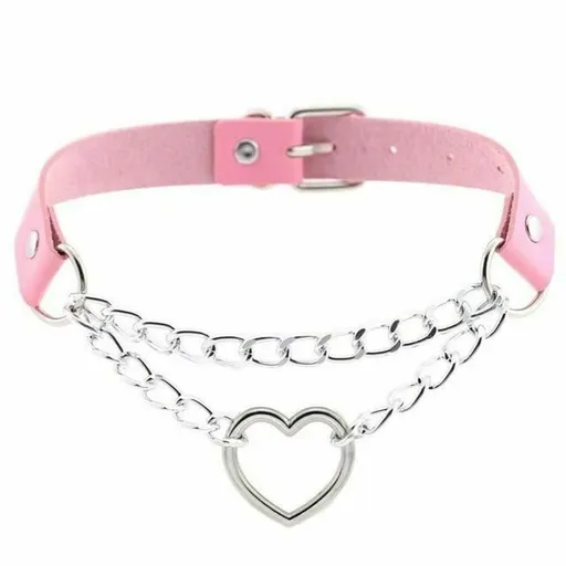 House Of Dasein Bdsm Day Collar Heart Pendant Choker Silver Chain Necklace - Pink