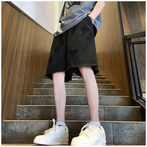Trendy energy Denim Shorts Men Summer Frayed Straight Black 2XL
